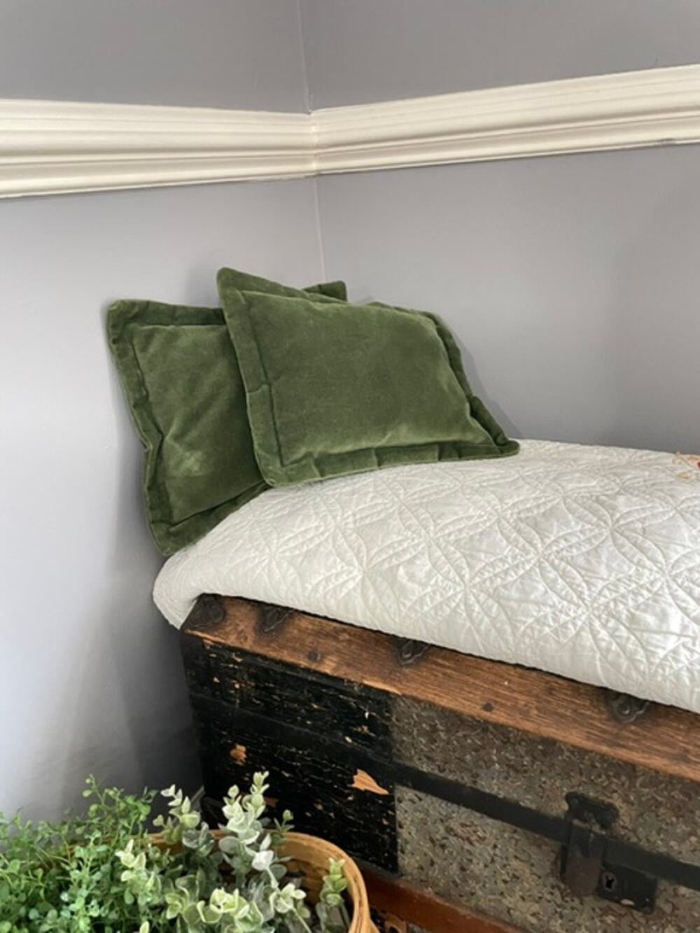 Olive Green Cotton Velvet Throw Pillow with Flange 13x10 Cottagecore Accent